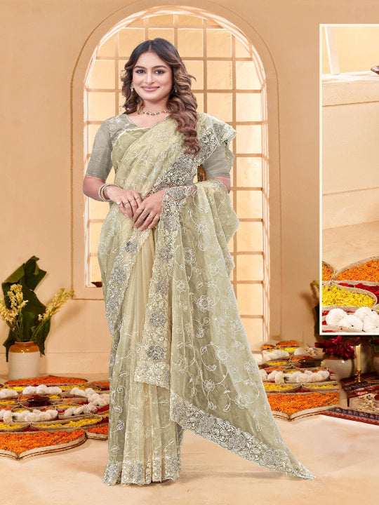 ShinySelect Partywear Women Crystal Sarees - Variant G Cream