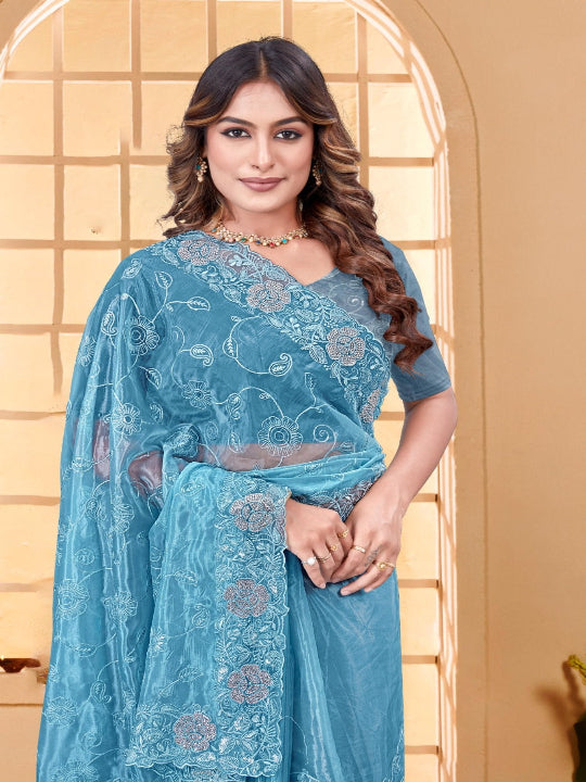 ShinySelect Partywear Women Crystal Sarees - Variant G Light Blue