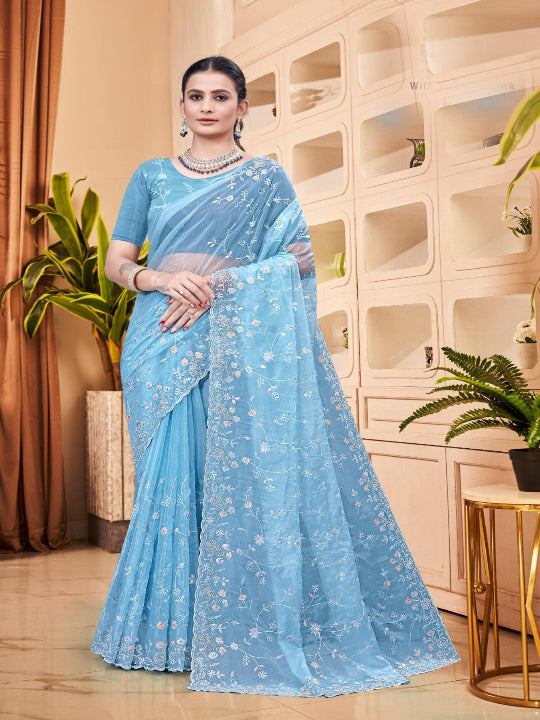 ShinySelect Partywear Women Crystal Sarees - Variant H sky