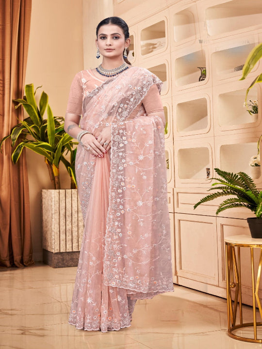 ShinySelect Partywear Women Crystal Sarees - Variant H Light Orange