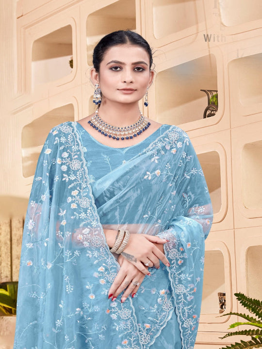 ShinySelect Partywear Women Crystal Sarees - Variant H Light Blue