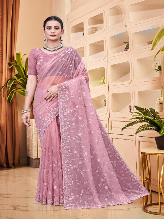 ShinySelect Partywear Women Crystal Sarees - Variant H Pink