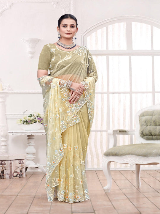 ShinySelect Partywear Women Crystal Sarees - Variant I Cream
