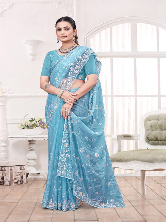 ShinySelect Partywear Women Crystal Sarees - Variant I sky