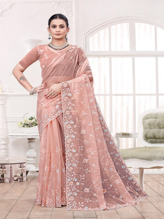 ShinySelect Partywear Women Crystal Sarees - Variant I Light Orange