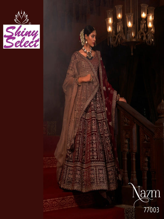 Velvet Bridal Wear Embroidery Work Lehenga Choli-77003 Maroon
