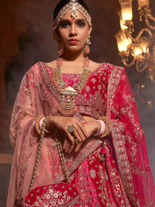 Velvet Wedding Designer Bridal Wear Nazm Lehenga Choli- 77013 Pink