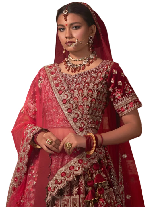 Red Heavy Embroidered Wedding Velvet Lehenga Choli -77024 Red