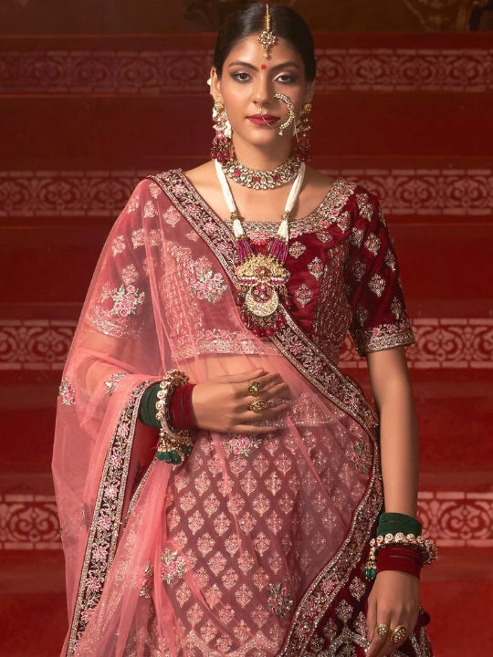 Velvet Wedding Designer Bridal Wear Nazm Lehenga Choli - 77027 Maroon