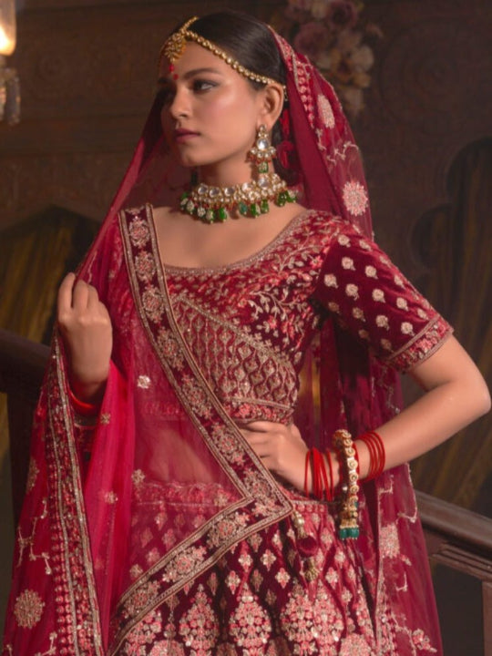 Velvet Wedding Designer Bridal Wear Nazm Lehenga Choli - 77028 Maroon