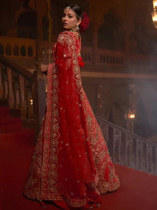 Velvet Wedding Designer Bridal Wear Nazm Lehenga Choli -77031 Red