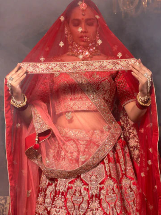 Velvet Wedding Designer Bridal Wear Nazm Lehenga Choli -77047 Red