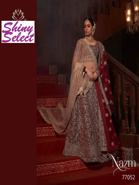 Velvet Wedding Designer Bridal Wear Nazm Lehenga Choli - 77052 Maroon