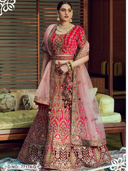 Velvet Hot Red Embroidery Hand Work Semi Stitched Lehenga Choli -77174-G