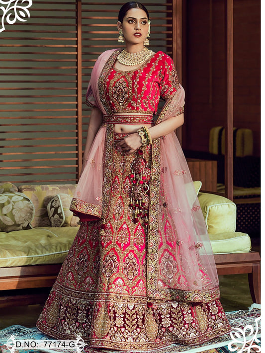 Velvet Hot Red Embroidery Hand Work Semi Stitched Lehenga Choli -77174-G