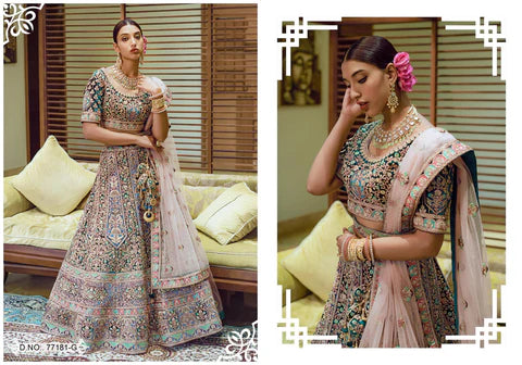 Velvet Heavy Hand Work Ethnic Semi Stitched Bridal Lehenga Choli - 77181G
