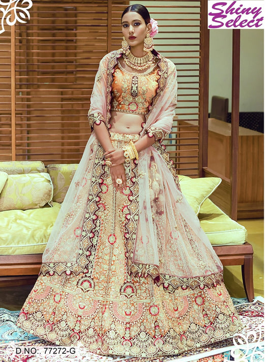 Velvet Light Orange Unique Hand Work Pattern Semi Stiched Bridal Lehenga Choli - 77272G Light Orange