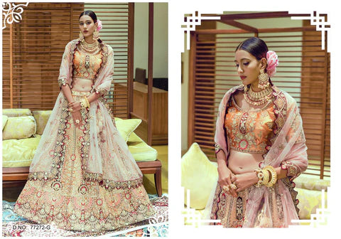 Velvet Light Orange Unique Hand Work Pattern Semi Stiched Bridal Lehenga Choli - 77272G