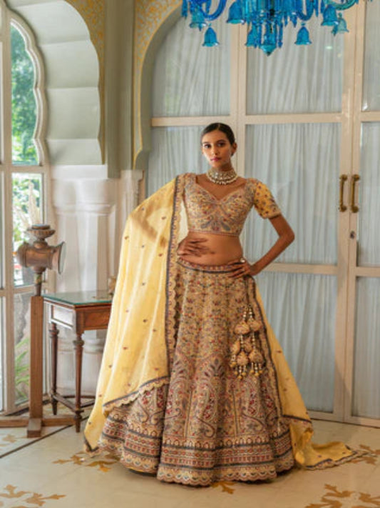 Mustard Yellow Zarkan Work Silk Semi Stitched Bridal Lehenga Choli - 77315