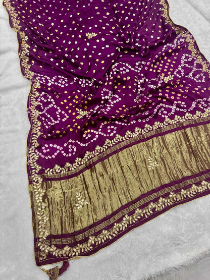 YNF Pure Model Gaji Silk Bandhej Saree with Original Lagadi Patta & Hand Work